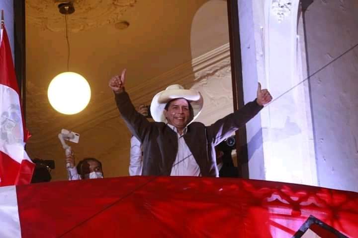 RT @KawsachunNews: President-elect Pedro Castillo celebrating tonight in Lima, Peru. https://t.co/0XWWWlP5RG