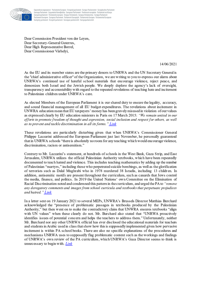 DavidLega's tweet photo. 🆕 Today we sent an urgent letter to @vonderleyen @antonioguterres @JosepBorrellF &amp; @OliverVarhelyi demanding the termination of EU taxpayers’ money financing incitement to violence, hatred, and antisemitsm in #UNRWA's education material.
Initiative by @MiriamMLex and myself ⬇️ https://t.co/KC7c3mcU7k