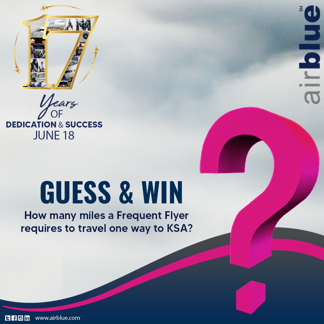airblueairline's tweet photo. We complete 17 years, let's celebrate it together! ✨
Give the correct answer &amp; lucky ones can win exciting prizes 🎁 
.
Contest Winners will be announced on 18th June, 2021.
 #GuessandWin  #airblue Anniversary #June18th 💙✈️ https://t.co/CcrX35jnEp