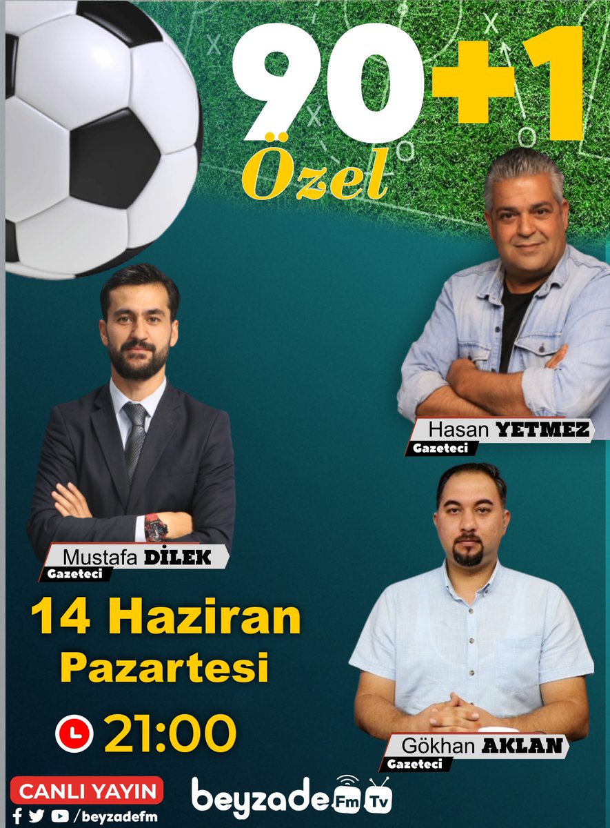 🚨 #CANLIYAYIN #DUYURU

<a href="/HasanYetmez5/">Hasan Yetmez</a> 'in sunduğu 90+1 programının konukları gazeteci <a href="/mustafadilek/">Mustafa Dilek</a> ve <a href="/gkhn_aklan/">Gökhan</a> olacak.

💬 Konu: Hatayspor'da Transfer Çalışmaları
🗓 14 Haziran Pazartesi
⏰ 21.00'da
🎥 Beyzade FM TV'de