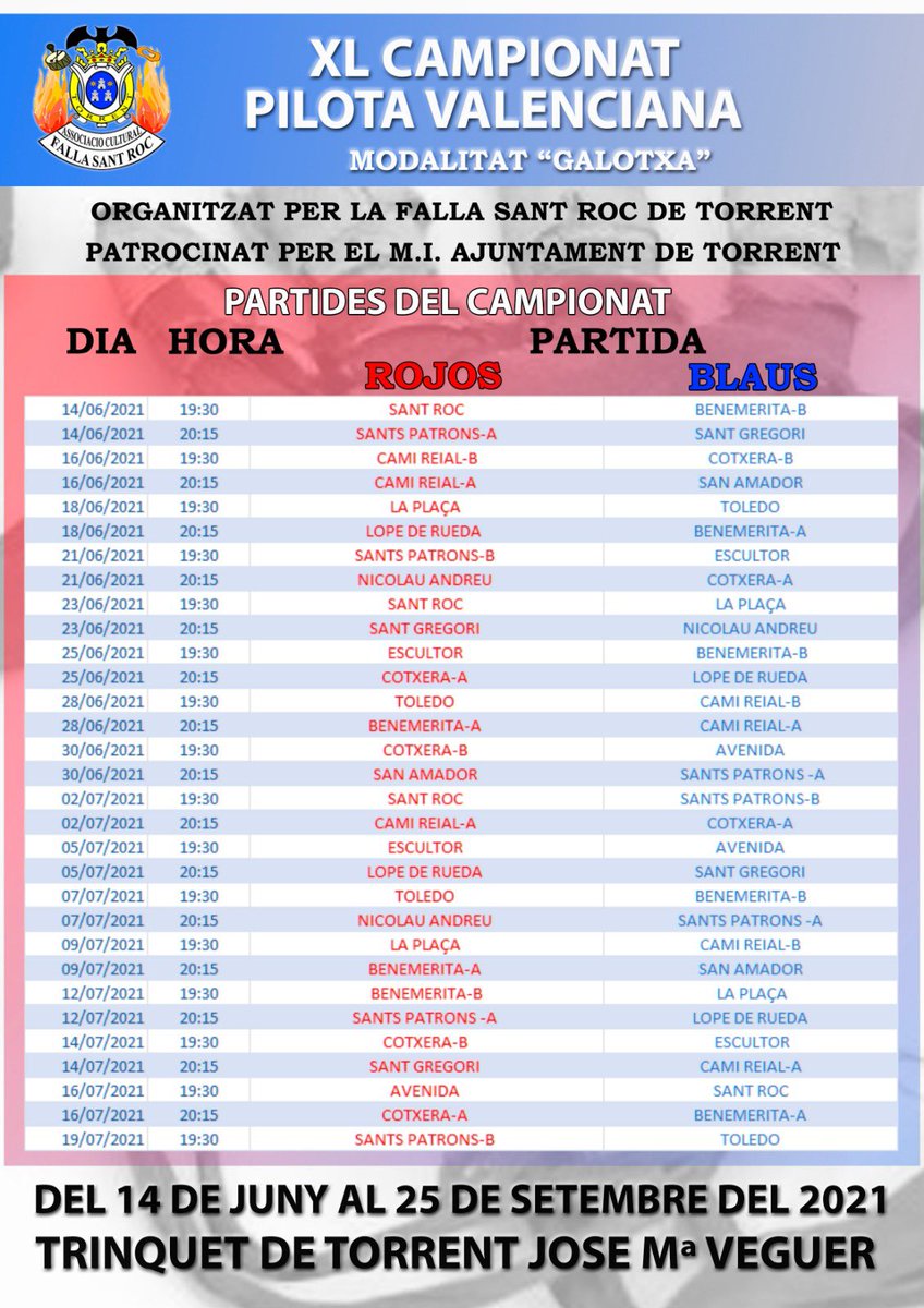 Bon dia! 
Calendari campionat de Galotxa ⚾️ ( primera part )
#somdesantroc #tornem #pilotavalenciana #esportfaller