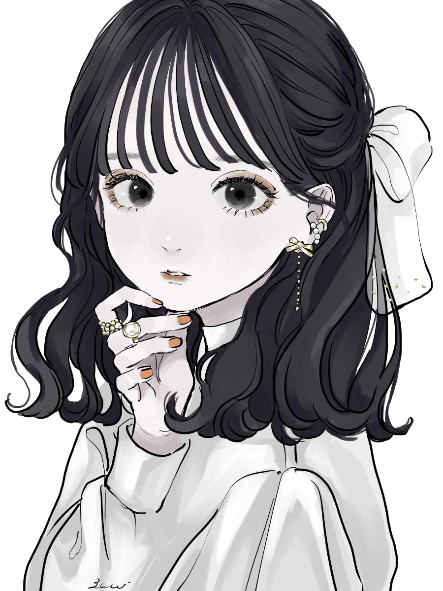 1girl solo jewelry earrings white background black hair ring  illustration images