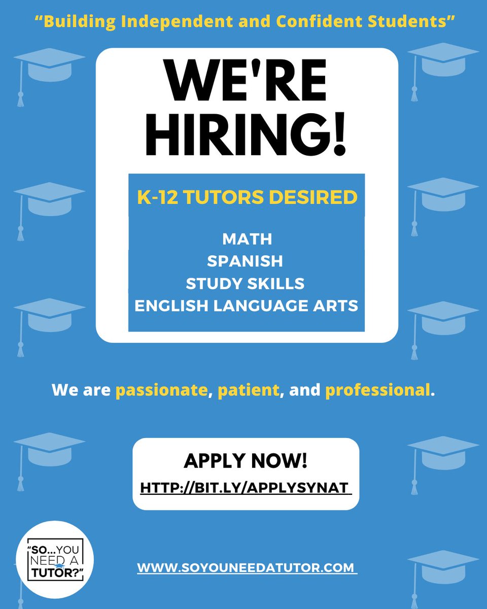 Do you know someone who is Patient, Passionate and Professional? Do you know someone who goes above and beyond for others? 

Invite them to join our team at bit.ly/APPLYSYNAT. 

Positions in tutoring/operations/tech + enrollment. 

#HIRINGNOW #hiringtutors #inWilm #jobs