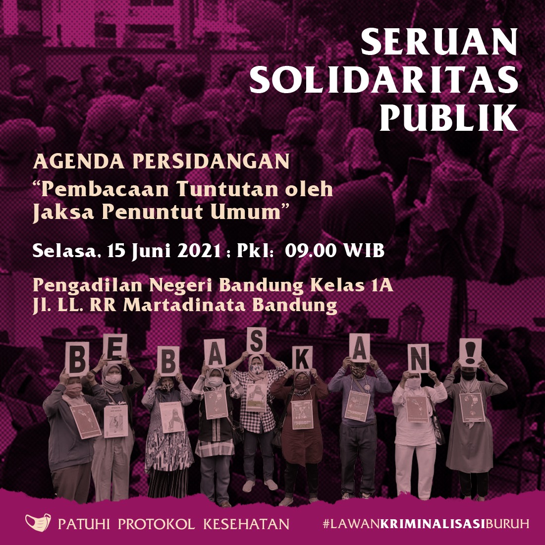 Bebaskan Aan Aminah dari seluruh dakwaan/tuntutan Jaksa Penuntut Umum dalam Perkara Nomor : 162/Pid.B/2021/PN.Bdg, terkait Pasal 351 ayat (1) KUHP. Aan Aminah hanya membela diri.

#BebaskanAanAminah
#SaveBuruhSandangSariBandung

#HentikanPenyidikanTerhadapSusiDkk