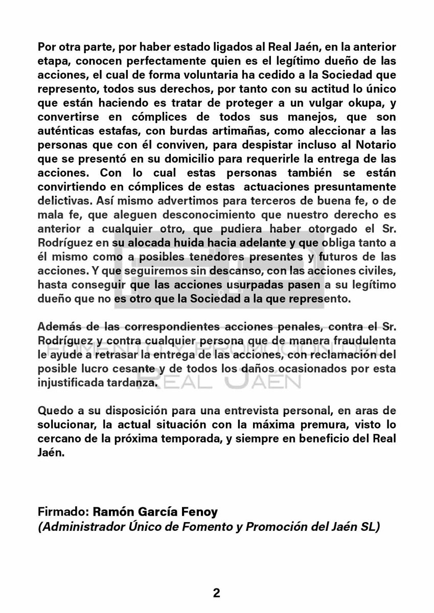 ⚪️ COMUNICADO DE RAMÓN GARCÍA FENOY EN REPRESENTACIÓN DE LA SOCIEDAD FOMENTO Y PROMOCIÓN DEL REAL JAÉN