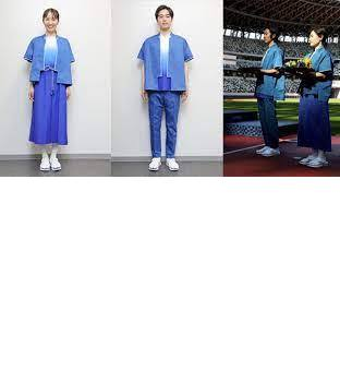 jp2ipt's tweet image. ＃オリンピック衣装に変更を求めます　このへんてこりんな衣装を表彰式のアシスタントさんたち着せられるんですか？　女性は振袖か留袖、男性は羽織袴、和服が日本人の正装ではなかったか？　でも真夏の五輪表彰式かなり暑いでしょうから、せめて浴衣か甚平でも良いんじゃないか。