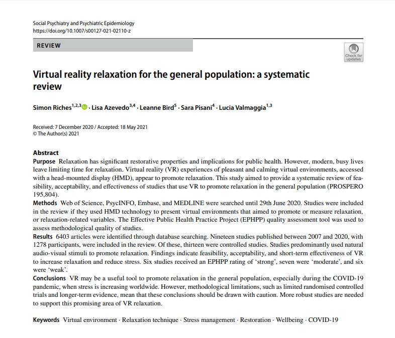 Our paper 'Virtual reality relaxation for the general population: A systematic review' out now <a href="/sppejournal/">Social Psychiatry and Psychiatric Epidemiology</a> <a href="/SpringerNature/">Springer Nature</a> @Lucia_Valmaggia @LisaAzevedo7 <a href="/Leanne_DBird/">Leanne Bird</a> <a href="/SaraPisani12/">Sara Pisani</a> Research <a href="/KingsIoPPN/">Institute of Psychiatry, Psychology & Neuroscience</a>. #VirtualReality #VR #mentalhealth #psychology Link:
link.springer.com/article/10.100…
