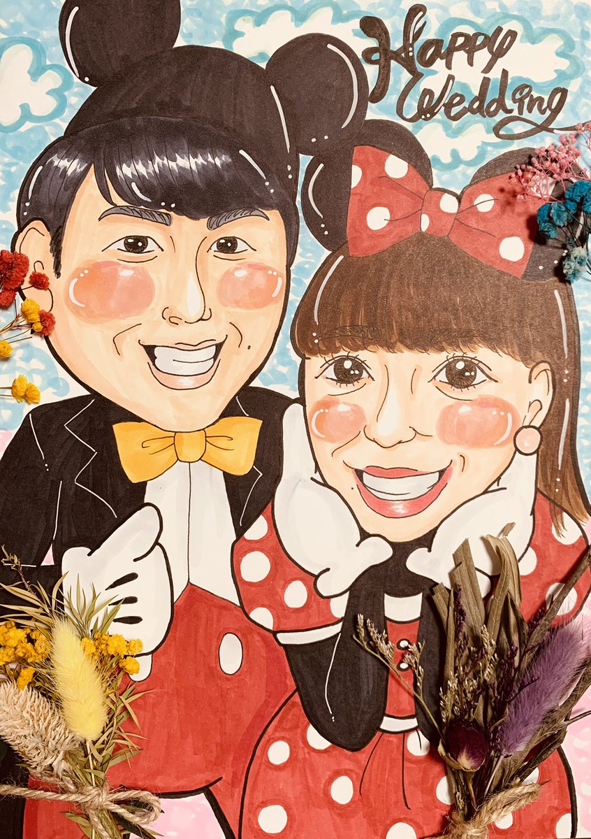 似顔絵師すず インスタにも投稿しましたが わたあめ夫婦になった あいにゃんとこーちゃんを 描いちゃいました この似顔絵があいにゃんとこーちゃんの目にとまりますように 似顔絵 サプライズ ディズニー わたあめカップル 夫婦