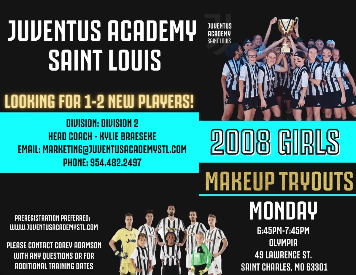 JAcademySTL's tweet photo. There are still 1-2 spots available for the 2008 Girls teams coached by our Marketing Director, Kylie Braeseke! If you are still looking for a team, we would love to have you come to our makeup tryouts tomorrow night! ⚪️⚫️

Learn more here: https://t.co/cE9SoN9evD https://t.co/KqW9PAr8iU