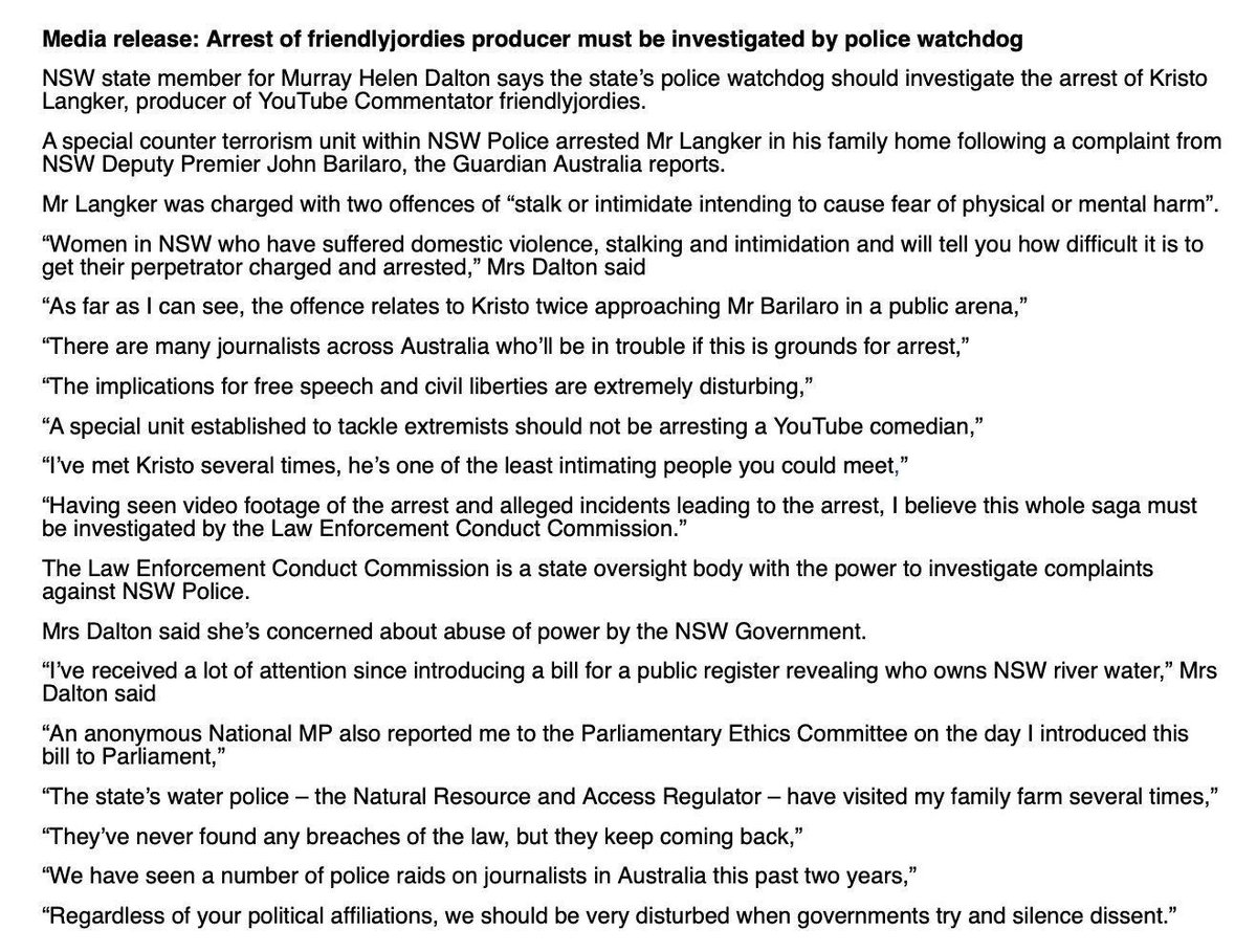 XDlawyers's tweet image. #BREAKING

NSW State MP Helen Dalton has called on the state’s police watchdog to investigate the arrest of @friendlyjordies producer Kristo Langker.

“A special unit established to tackle extremists should not be arresting a YouTube comedians”

@helendalton22 #nswpol
