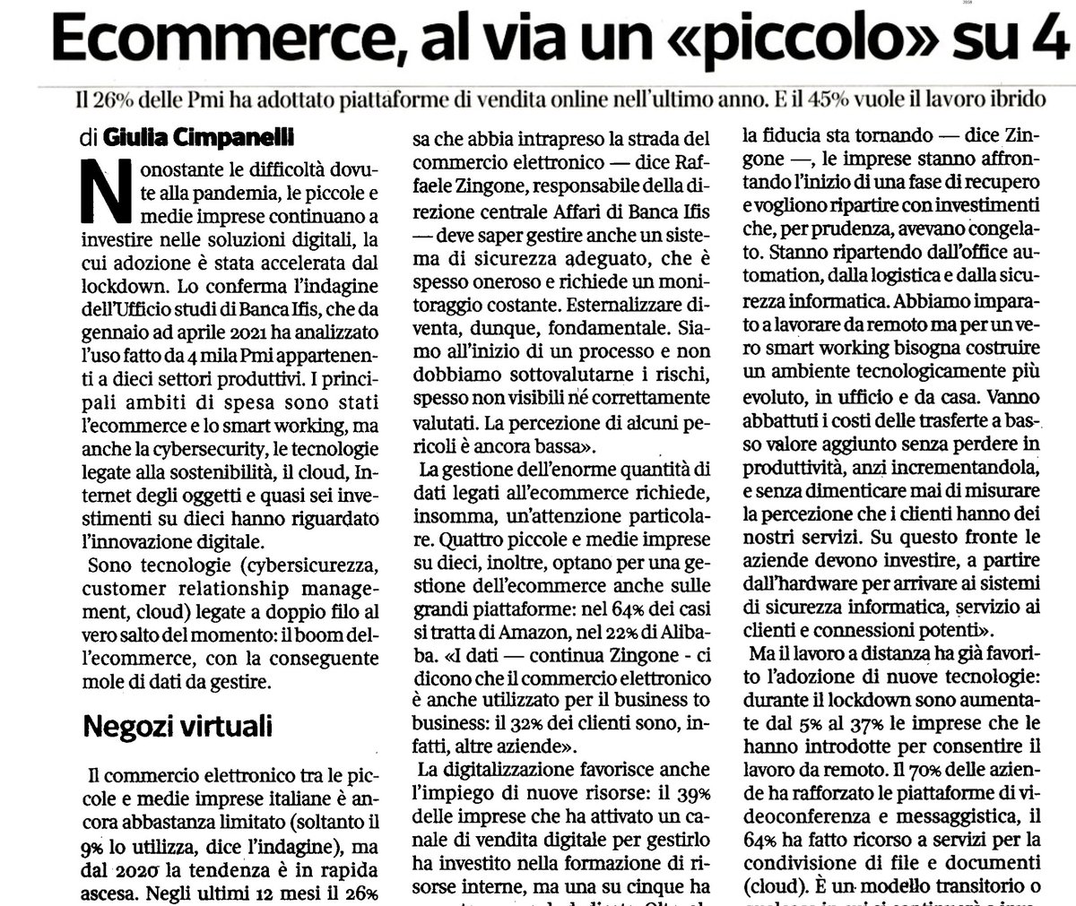 InfoCamere (@infocamere) on Twitter photo Continuano gli investimenti delle #PMI nelle soluzioni digitali 🛒
🗞️ "#Ecommerce al via un «piccolo» su 4" <a href="/GiuliaCimpa/">Giulia Cimpanelli</a> su <a href="/L_Economia/">Corriere L'Economia</a>
#DigitalTransformation <a href="/BancaIfis/">Banca Ifis</a> <a href="/rafzing/">Raffaele Zingone</a> <a href="/GianpieroLotito/">Gianpiero Lotito</a> <a href="/geekeconomist/">Carmela Asero 🇮🇹🇪🇺 - アセロ カルメラ 🇯🇵</a> <a href="/jooliafoto/">Giulia Guccione</a> <a href="/Alvise_Biffi/">Alvise Biffi</a> <a href="/alevalsecchi/">Alessio Valsecchi</a> @LukeWhenHeGoes Continuano gli investimenti delle #PMI nelle soluzioni digitali 🛒
🗞️ "#Ecommerce al via un «piccolo» su 4" <a href="/GiuliaCimpa/">Giulia Cimpanelli</a> su <a href="/L_Economia/">Corriere L'Economia</a>
#DigitalTransformation <a href="/BancaIfis/">Banca Ifis</a> <a href="/rafzing/">Raffaele Zingone</a> <a href="/GianpieroLotito/">Gianpiero Lotito</a> <a href="/geekeconomist/">Carmela Asero 🇮🇹🇪🇺 - アセロ カルメラ 🇯🇵</a> <a href="/jooliafoto/">Giulia Guccione</a> <a href="/Alvise_Biffi/">Alvise Biffi</a> <a href="/alevalsecchi/">Alessio Valsecchi</a> @LukeWhenHeGoes