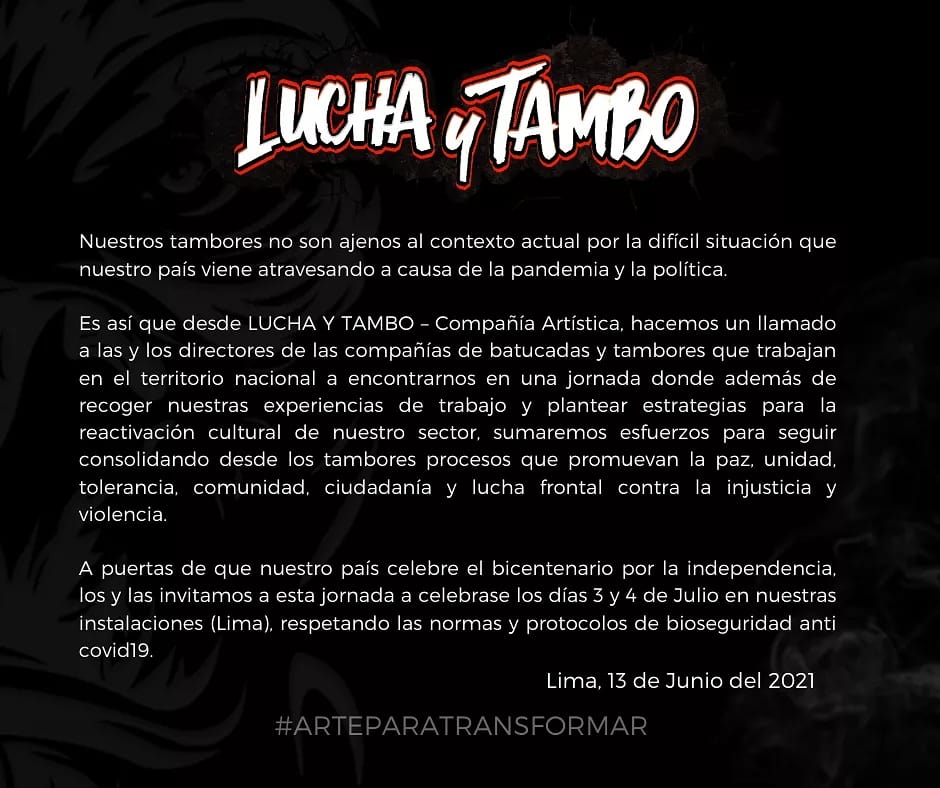 Hacemos un llamado a los grupos, elencos, organizaciones y blocos de batucada de todo el Perú. 

ES MOMENTO DE UNIRNOS🔥✊🏾❤