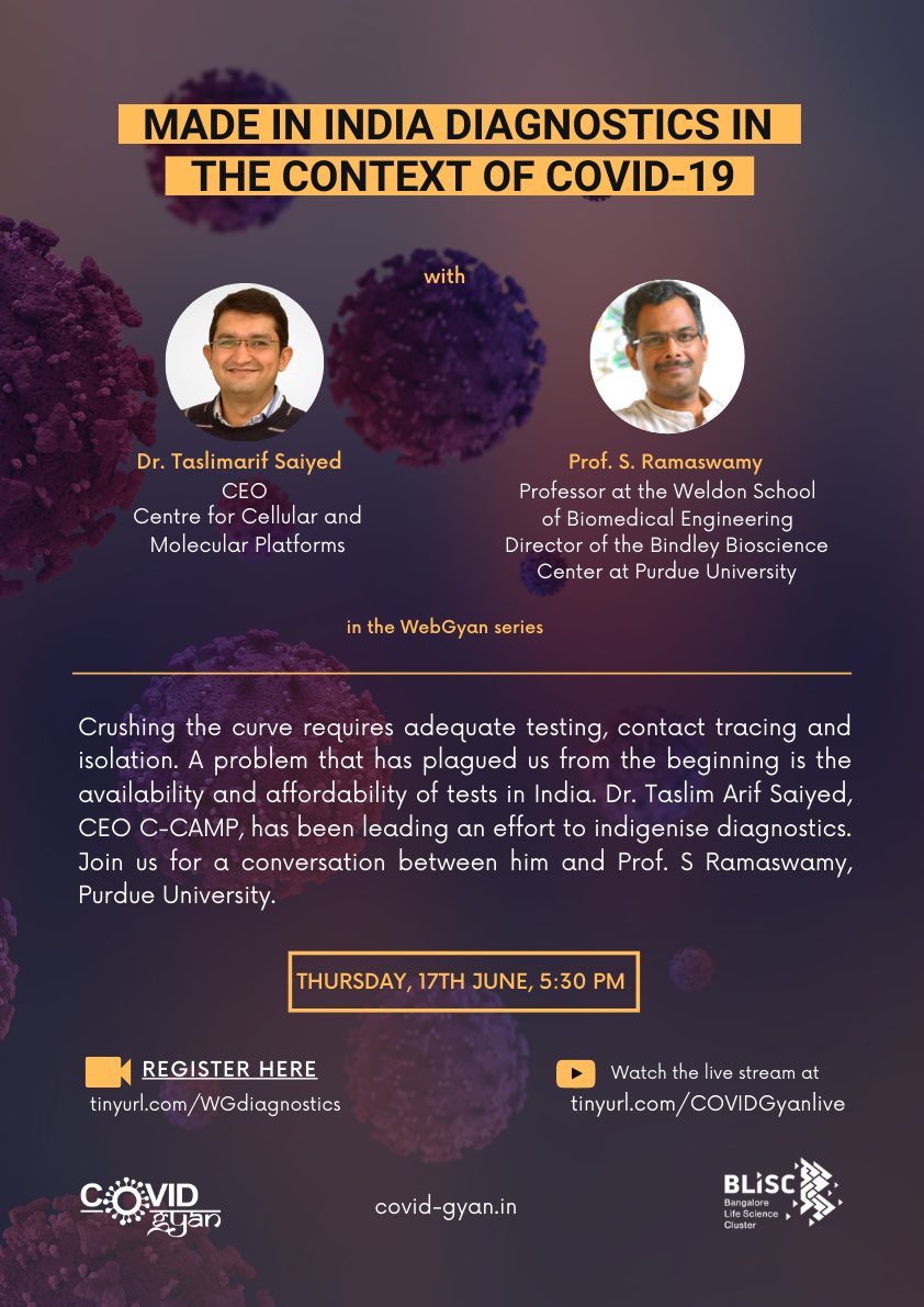 NCBS_Bangalore's tweet photo. Join a WebGyan discussion on "Made in India diagnostics in the context of COVID-19".
With Dr @Taslimarif Saiyed, CEO of @CCAMP_Bangalore and @hurryram Prof. S Ramaswamy, Purdue University.
17 June, Thursday | 5:30 pm IST
Register: https://t.co/HJDFjIWe35 https://t.co/TnMkO1oaJD