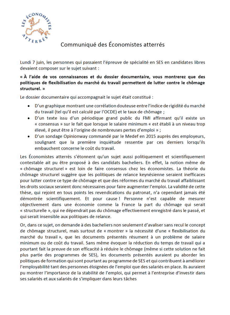 dav_cayla's tweet photo. Communiqué des @atterres à propos du sujet d'examen de SES donné lundi dernier.

"Les Économistes atterrés dénoncent un choix de sujet qui relève d’une instrumentalisation des SES et du baccalauréat et présente une thèse hautement discutable."
⬇️⬇️⬇️
https://t.co/1EvBlemloY https://t.co/wShSVlCe1h