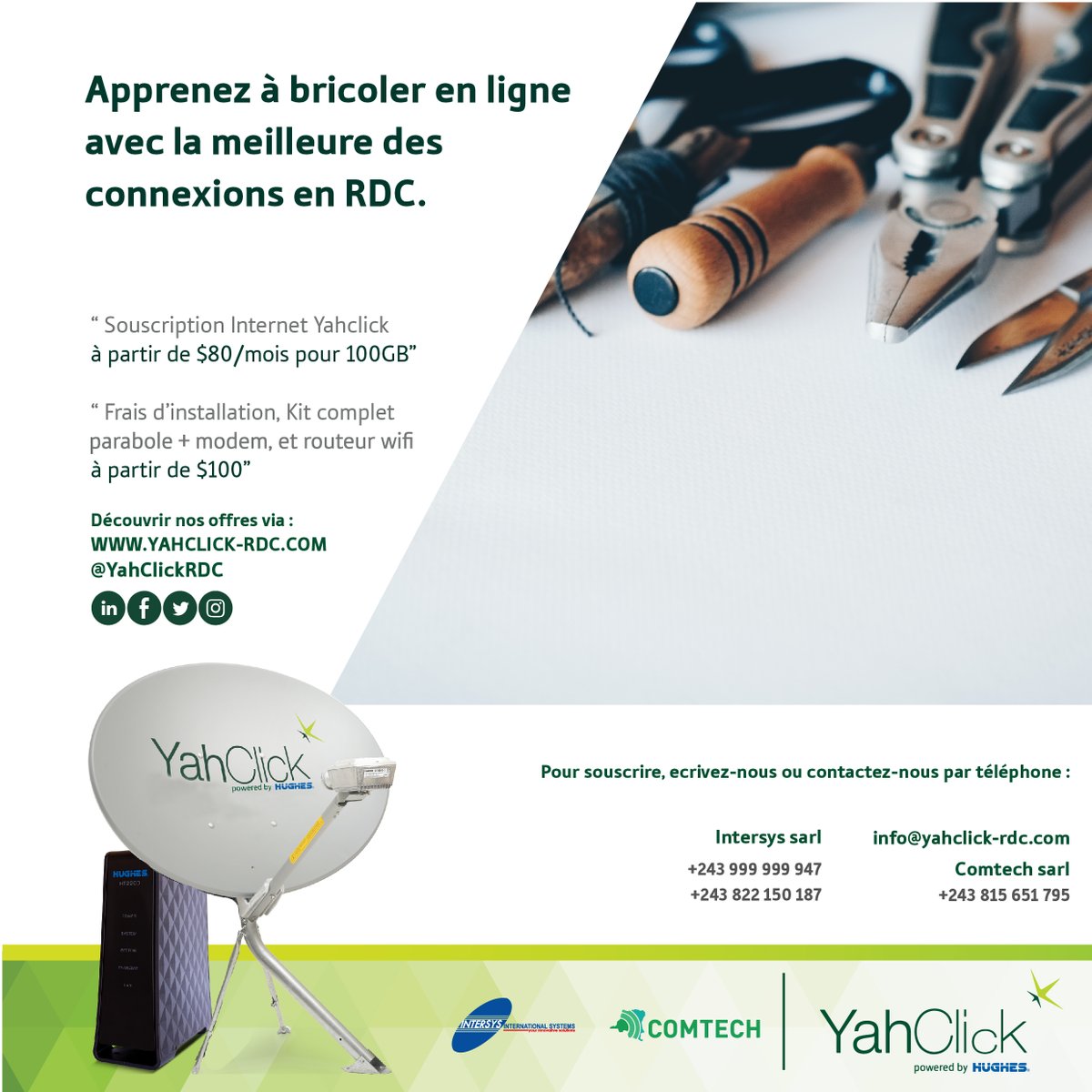 Yahclickrdc's tweet photo. Apprenez à bricoler en ligne avec la meilleur des connexions en RDC, la connexion haut débit de #Yahclick

.................
“ Souscription Internet Yahclick à partir de $80/mois pour 100GB”
“ Frais d’installation, Kit complet parabole + modem, et routeur Wifi
à partir de $100” https://t.co/wxk6HDha7R