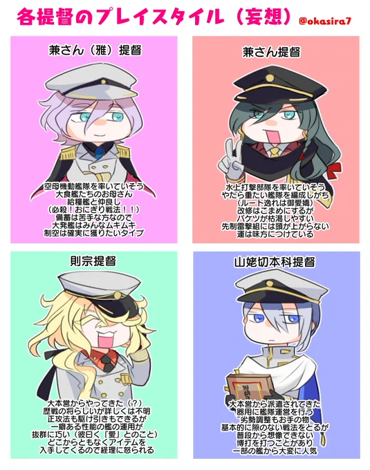 【刀艦乱舞?】今までいろんな男士の提督姿を描きながら艦これイベント攻略してきたんですけど、歴代の提督たちのプレイスタイルを妄想しました。兼さん・歌仙さん・長義くん・則宗さん。 