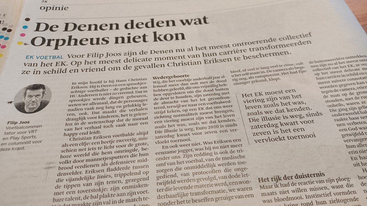 Mooi stuk van #filipjoos in <a href="/destandaard/">De Standaard</a> over #ChristianEriksen 
Meanderend tussen voetbal, literatuur en het leven.