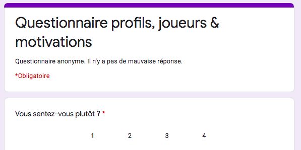 Voici un petit questionnaire pour étudier votre profil de joueur lnkd.in/geSwUtK
Merci d'y répondre en moins d'une minute et de diffuser autour de vous.

Il s'agit d'un travail de recherche dont les résultats seront publiés fin 2021!

#profils #joueuse #joueur #motivation