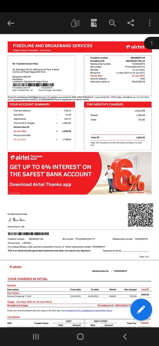 SAMBITP14670530's tweet photo. #Airtel My broadband connection is under safe custody from Oct 2020 since I am at native. I haven't requested to reactivate my connection and suddenly I have received my current month bill with full amount which is not right. Please reverse and confirm back. https://t.co/qUEkkV0OOb