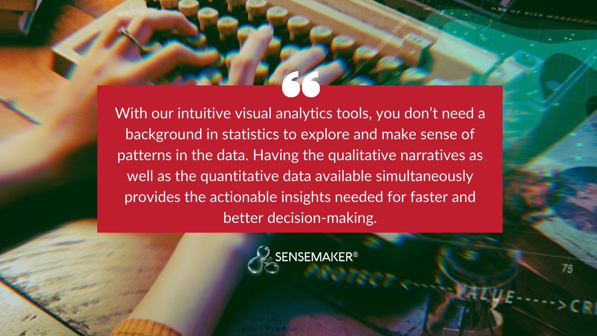 TheCynefinCo's tweet photo. #sensemakerseries

What are the benefits of SenseMaker®?

With our intuitive visual analytics tools, you don’t need a background in statistics to explore and make sense of patterns in the data. 

#sensemaking #becausehumans https://t.co/TrX32qxSyV