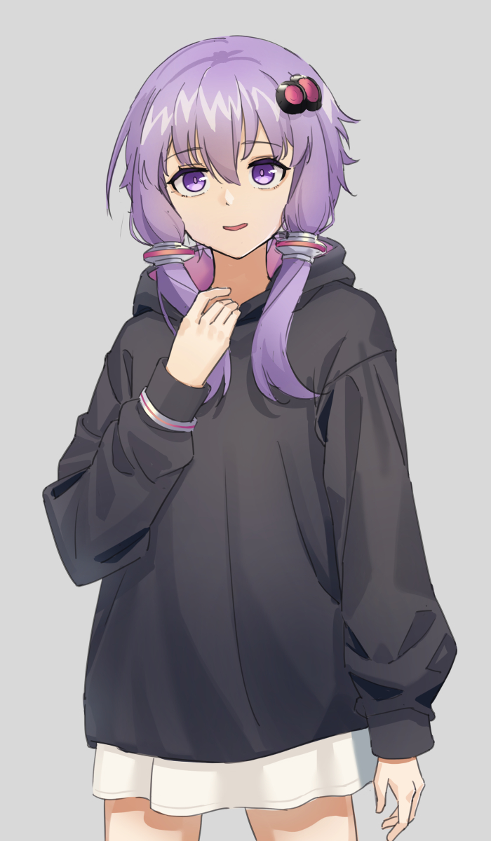 yuzuki yukari 1girl solo purple hair purple eyes hood hair ornament hoodie  illustration images