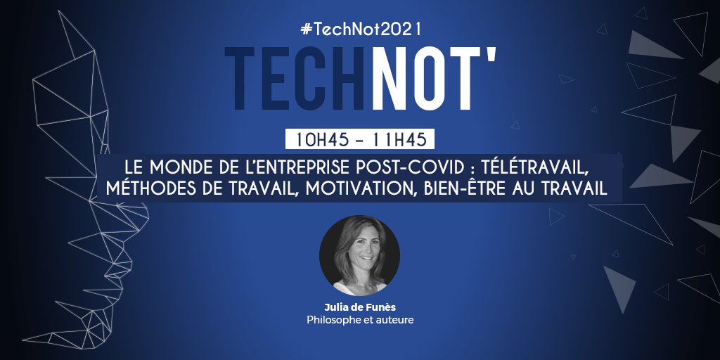 FlashTweet's tweet image. ✅#HelloTwitter et mes #Followers, 

📍@JuliadeFunes interviendra à #TechNot21 sur

«Le monde de l’#entreprise post-#COVID19 »

J-3️⃣ avant la 4e édition du Forum #Tech &amp;amp; #Notariat de @NotairesdeParis

🎙Vous venez ? ⚡️

➡technot21.fr/registration/5

#Teletravail #QVT #RH