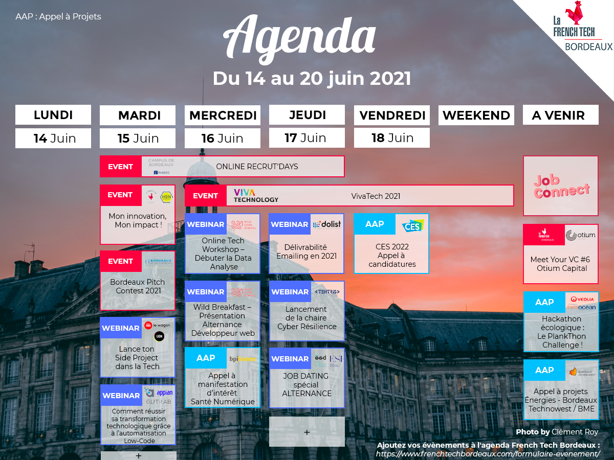 FrenchTechBdx's tweet photo. 🗓 Vos événements #FrenchTech #Bordeaux de la semaine ➡️ #FTCentralBdx, @VivaTech, @CES, @WildSchool_Bdx, @Bdx_E, @LeWagonBordeaux, @_JoinLion, @tehtris, @Dolist_FR, @esd_fr, @AppianFR @inseec_bs, @OtiumCapital, @Veolia_FR, @Bdx_Technowest...🔥
Infos 👉 https://t.co/PR7mwbUoLm https://t.co/w8TrmNrdpp