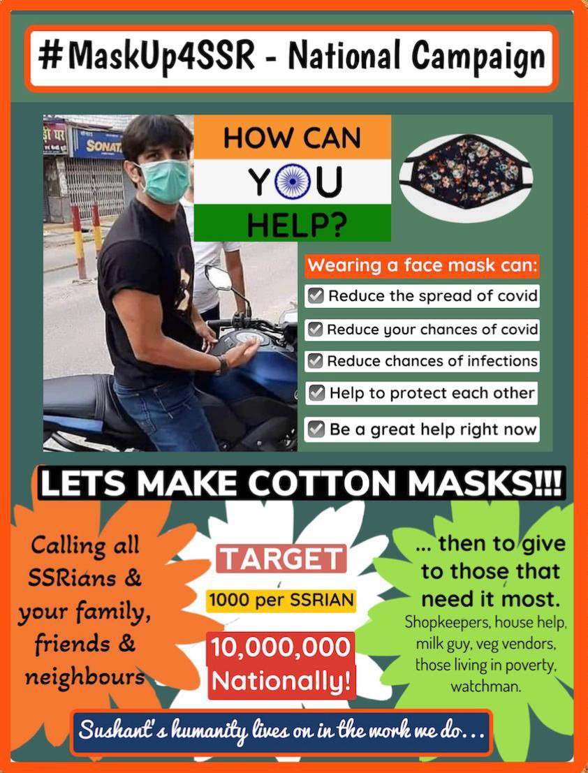makwana_rashmi's tweet photo. It was very humbling to be able to contribute towards #MaskUp4SSR. Our 1000 masks will be distributed today in your honour @itsSSR , you will be with us all till eternity. @withoutthemind @shwetasinghkirt @vikirti @nilotpalm3 @lilaashna
#Insaaf4SSR
SUSHANT JUSTICE MATTERS https://t.co/00XXUetffk