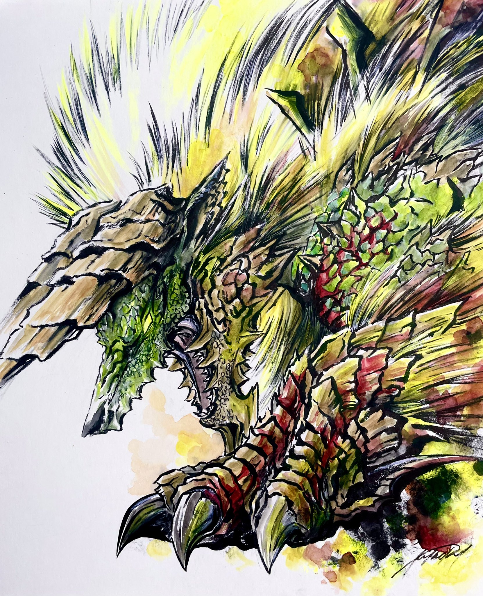 Minori Ar Twitter 電光雷轟 ヌシ ジンオウガ モンハンライズ イラスト モンハン Monsterhunterrise 水彩画 筆ペン Illustration T Co 7cxjevbgwr Twitter