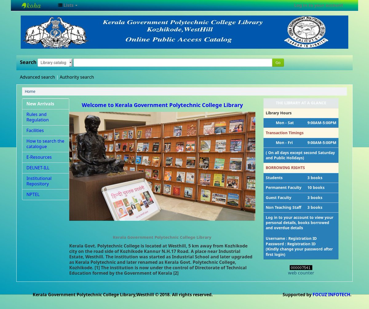 HelpKoha's tweet photo. Kerala Government polytechnic college Kozhikode migrated it's LMS to #koha with support from Focuz Infotech. 
For koha Installation,Data Migration &amp; Support,
support@focuzinfotech.com
09249500540
#koha #kohaopac #kohails #kohainstallation #kohatraining  #automation #software #ils https://t.co/D1dcHvTKcc
