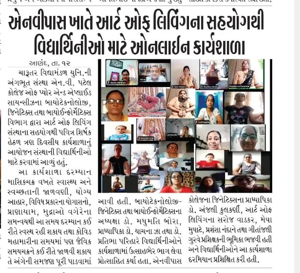 NVPASCollege's tweet photo. BT,GT,BNF Department  of N .V .Patel College of Pure and Applied Sciences , a constituent college of Charutar Vidya  Mandal University, has organized  3 days online workshop  “Pavitra” for girls students in association with The Art of living organization, https://t.co/6vA8sAciVx