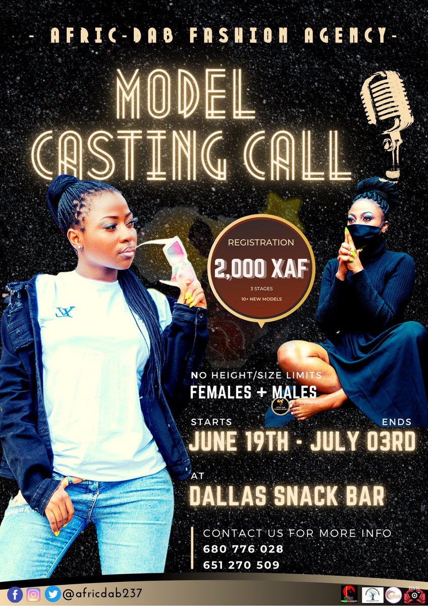 africdab237's tweet photo. *Afric-Dab Model Casting Call*

Female &amp; male potential models with no limits on height and size.

Please, contact us for more info; 
680 776 028 
351 270 509

#modelinginafrica #africdab237 #modelcasting #237Showbiz #cameroonmodels #cameroon #camerounaise https://t.co/LqstJm4nIU