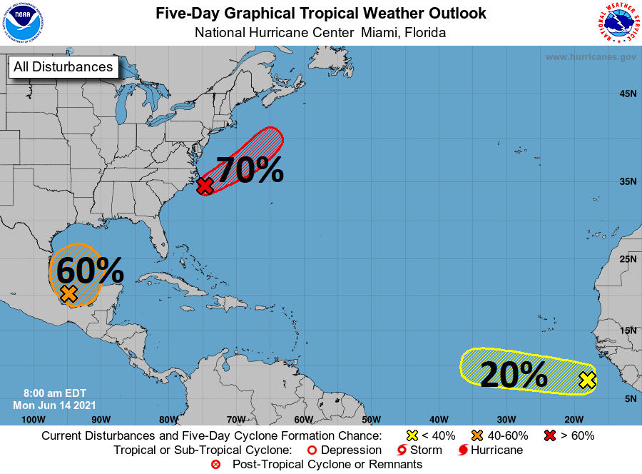This morning's Atlantic Tropical Weather Outlook looks more like one I would expect to see in September than in June!  National #Hurricane Center is currently monitoring 3 areas with a 70%, 60% and 20% chance of development in next 5 days.
