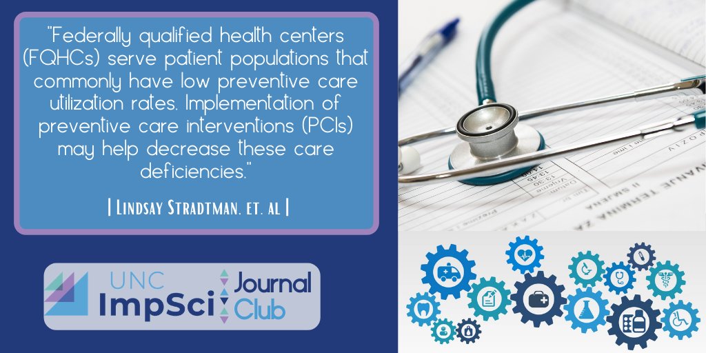 uncimpsci's tweet photo. Here's a great #ImpSciJournalClub article by Stradtman et al, "Resources Used by Federally Qualified Health Center Leadership to Learn About Preventive Care Interventions". https://t.co/bov8OBAKMG
#FQHCs #communityhealthcenters #impsci #preventivehealthservices https://t.co/t9sMuFb3D9