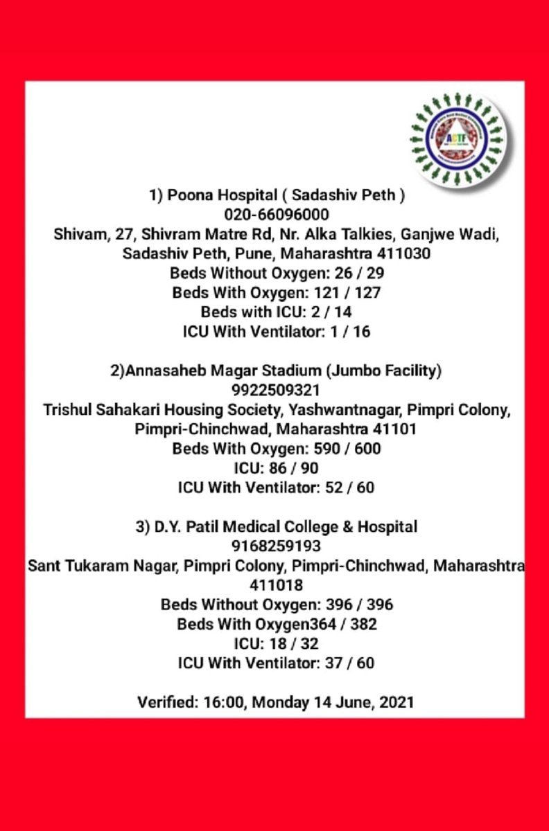 Pune Covid Resources #Covidsos #covidupdate #CovidResources #pune #punecovid #BedsAvailability #IcuBeds #verified https://t.co/UpR7nQ2h5M