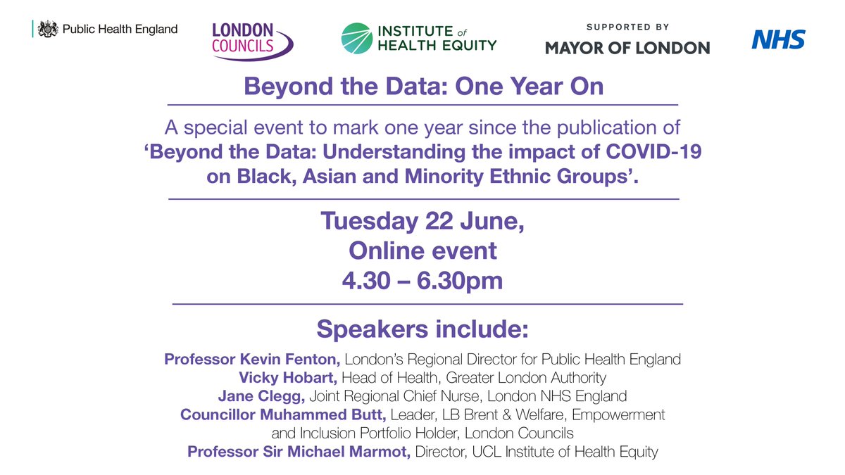 Join us to reflect on the year since our 'Beyond the Data' report was published. Our panel will discuss the disparities in London's health system that affect our diverse communities and the work being done to address them. Register today: bit.ly/PHEOneYearOn #BTD1YR #COVID19