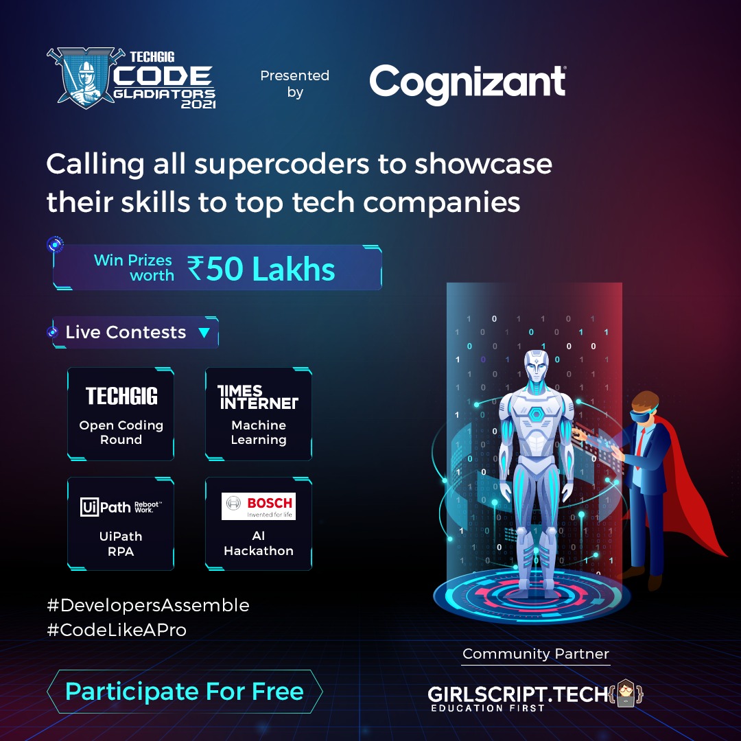 GirlscriptAnand's tweet image. Showcase your coding skills by participating in the biggest Coding competition of the year &quot;Code Gladiators&quot; by TechGig. 💯

All you have to do is visit: techgig.com/codegladiators… 🔗

Happy Coding!

#girlscript #girlscriptfoundation #coding #programming #competitiveprogramming