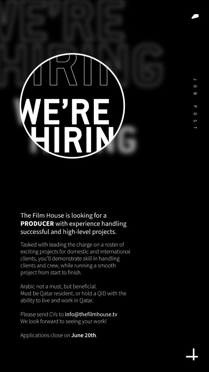 We’re hiring!!! Qatar based producers, get in touch! #Qatar #Doha #Film #ProducerWanted