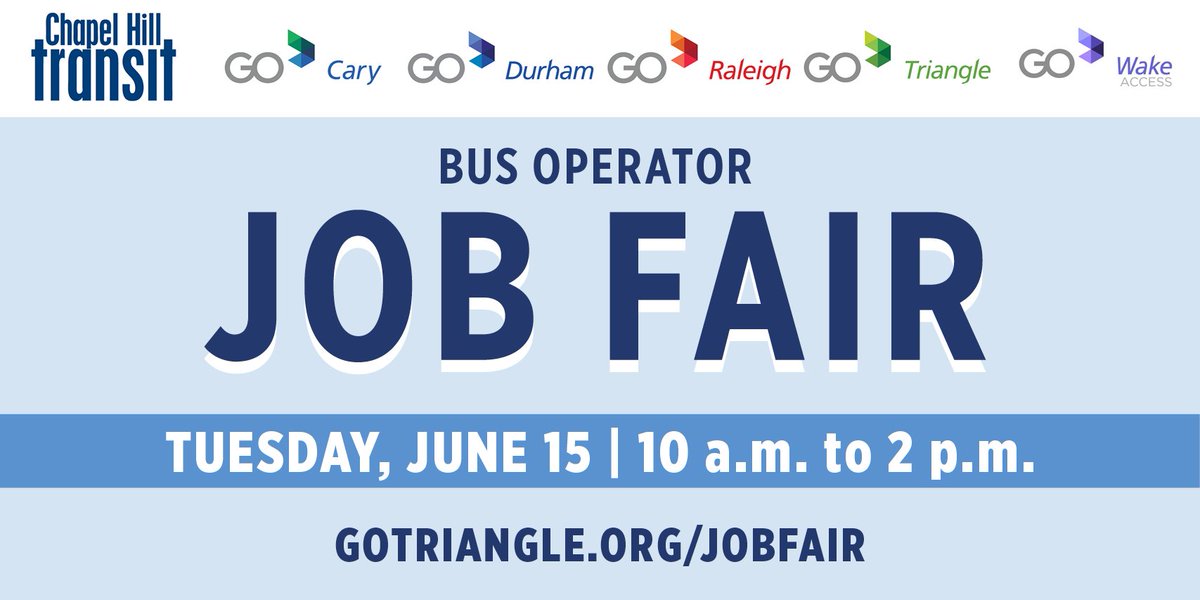 GoTriangle's tweet photo. TOMORROW! Got a good driving record and great customer service skills? GoTriangle and GoRaleigh, GoCary, GoDurham, Chapel Hill Transit and GoWake Access need bus operators and will be interviewing candidates at a job fair TUESDAY. #trianglejobs
READ MORE: https://t.co/4WCASxj0aY https://t.co/5Gi22caidS