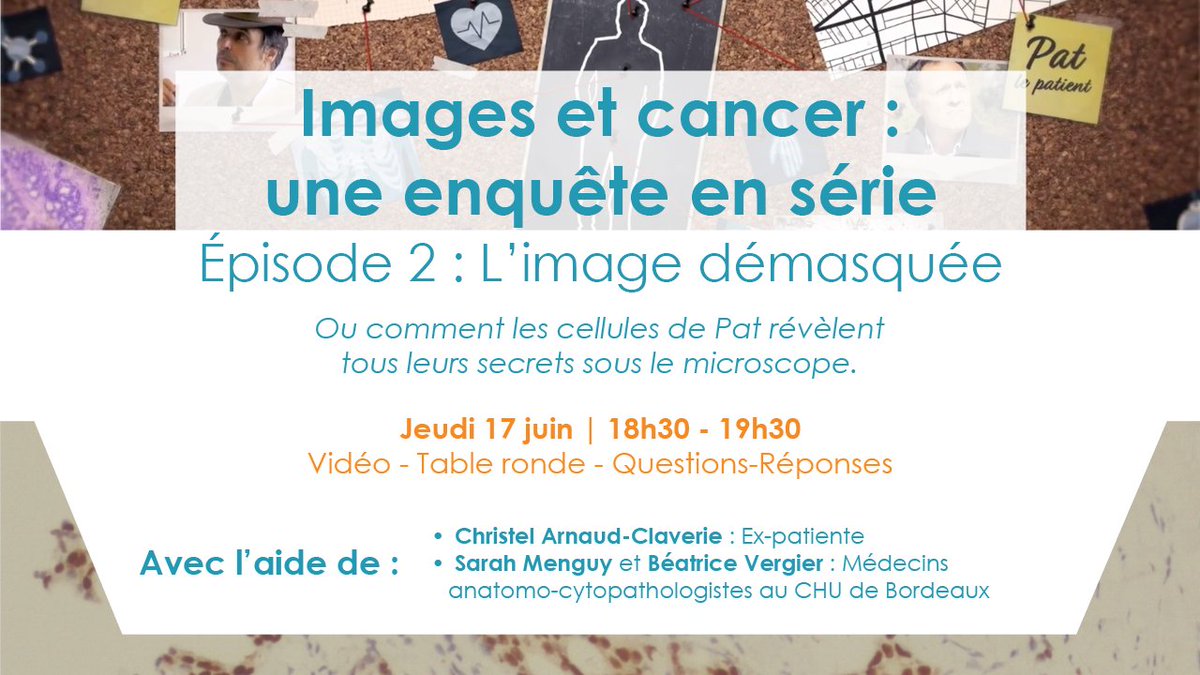 [ÉVÉNEMENT BRIO]

📅 Jeudi 17 juin, 18h30 : RDV pour la 2e session de Images et Cancer : une enquête en série ! 🎬

➡️ + d'infos et inscription : bit.ly/Images-Cancer
➡️ Partagez-nous vos questions et votre expérience : bit.ly/QImages-Cancer