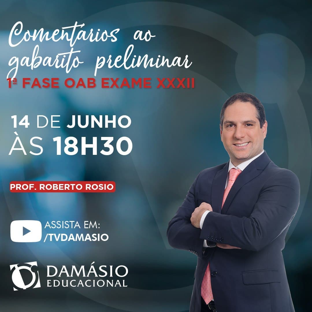 damasiofrancasp's tweet photo. HOJE (14/jun) às 18h30, o professor @betorosio vai realizar comentários ao gabarito preliminar

Assista pelo nosso canal do YouTube: TVDamasio

#damasio #2faseoab #oab https://t.co/qyezlsxmkL