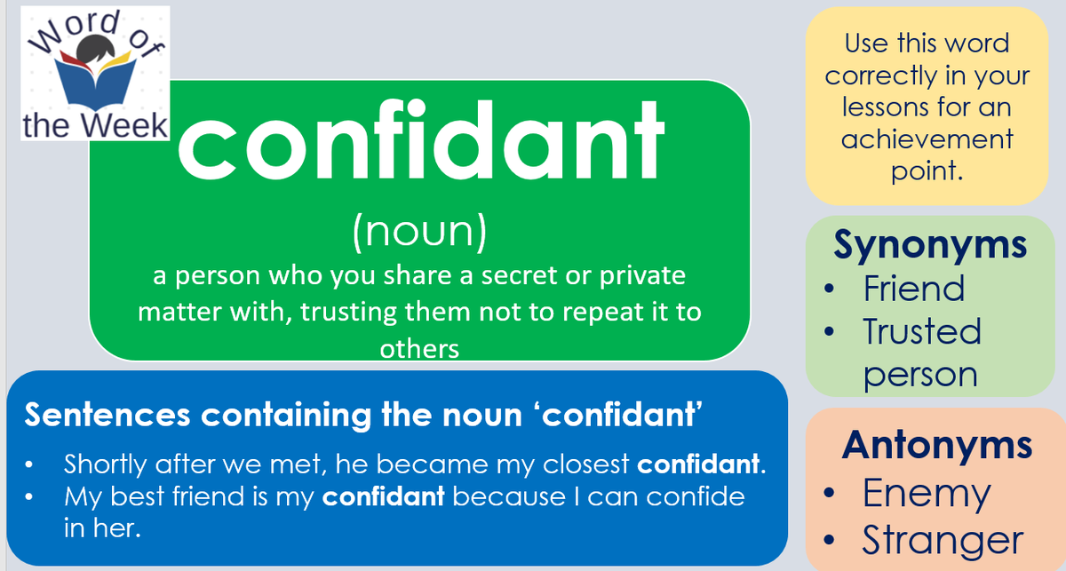 MaghullLiteracy's tweet photo. This week's #wordoftheweek is confidant. Don't forget to use it in your lessons for an achievement point! #WordoftheWeek #vocabulary https://t.co/5YW6eBzJKW