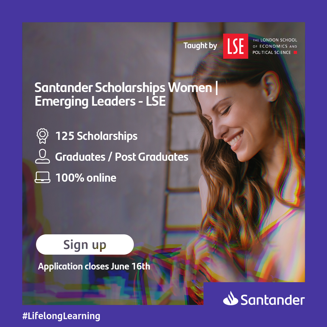 Last few days to apply for #SantanderScholarships Women Emerging Leaders-LSE: Closes 16th June!

If you're a woman with ambition to lead &amp; 5-12 years of professional experience, join aspiring women leaders from around the world!

Apply: app.becas-santander.com/en/program/wom…
#SantanderGlobal