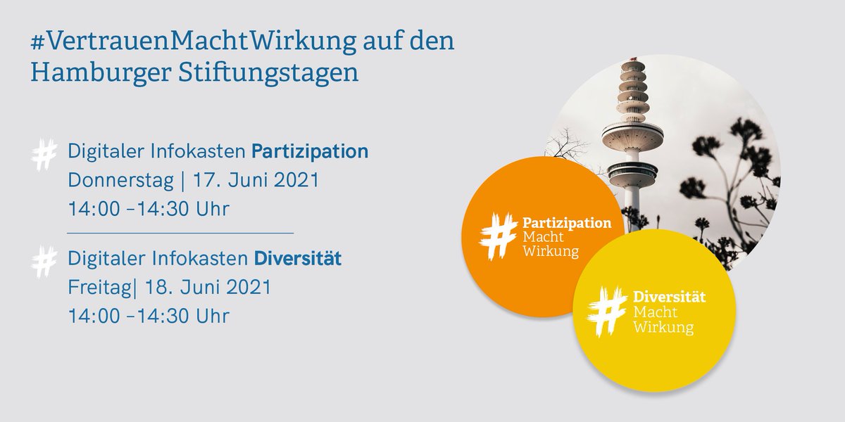 📅Diese Woche Donnerstag und Freitag ist #VMW auf den #Hamburger #Stiftungstagen mit zwei digitalen Infokästen zu unseren Handreichungen #PartizipationMachtWirkung und #DiversitätMachtWirkung vertreten.

Mehr Infos: hamburger-stiftungen.de/?s=vertrauen+m…