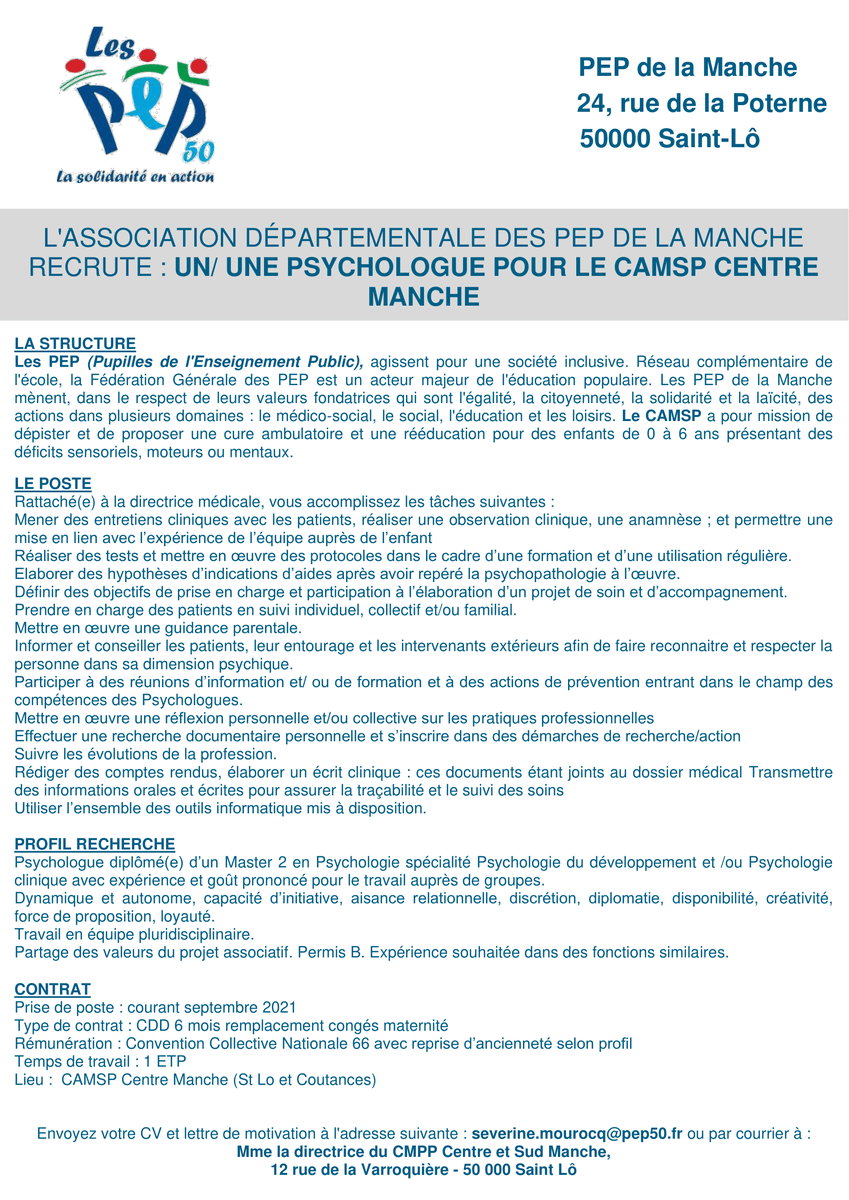 lespep50's tweet photo. 📢Les PEP de la Manche recrutent : 
Un psychologue H/F pour le CAMSP Centre Manche 
Merci d'adresser votre candidature à : 📧 severine.mourocq@pep50.fr https://t.co/HHDYx4Nuzk