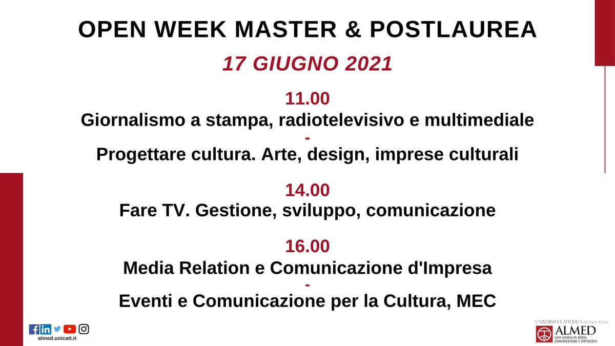 Almed_Unicatt's tweet photo. Al via la #OpenWeekUnicatt Master & Postlaurea!
A questo link è possibile iscriversi agli eventi dell'Open Week ➡️ https://t.co/qKdMUX6fUi
Per maggiori informazioni sui Master ➡️ https://t.co/ndf12fzLMX
@Unicatt https://t.co/0QfXNIQmSk