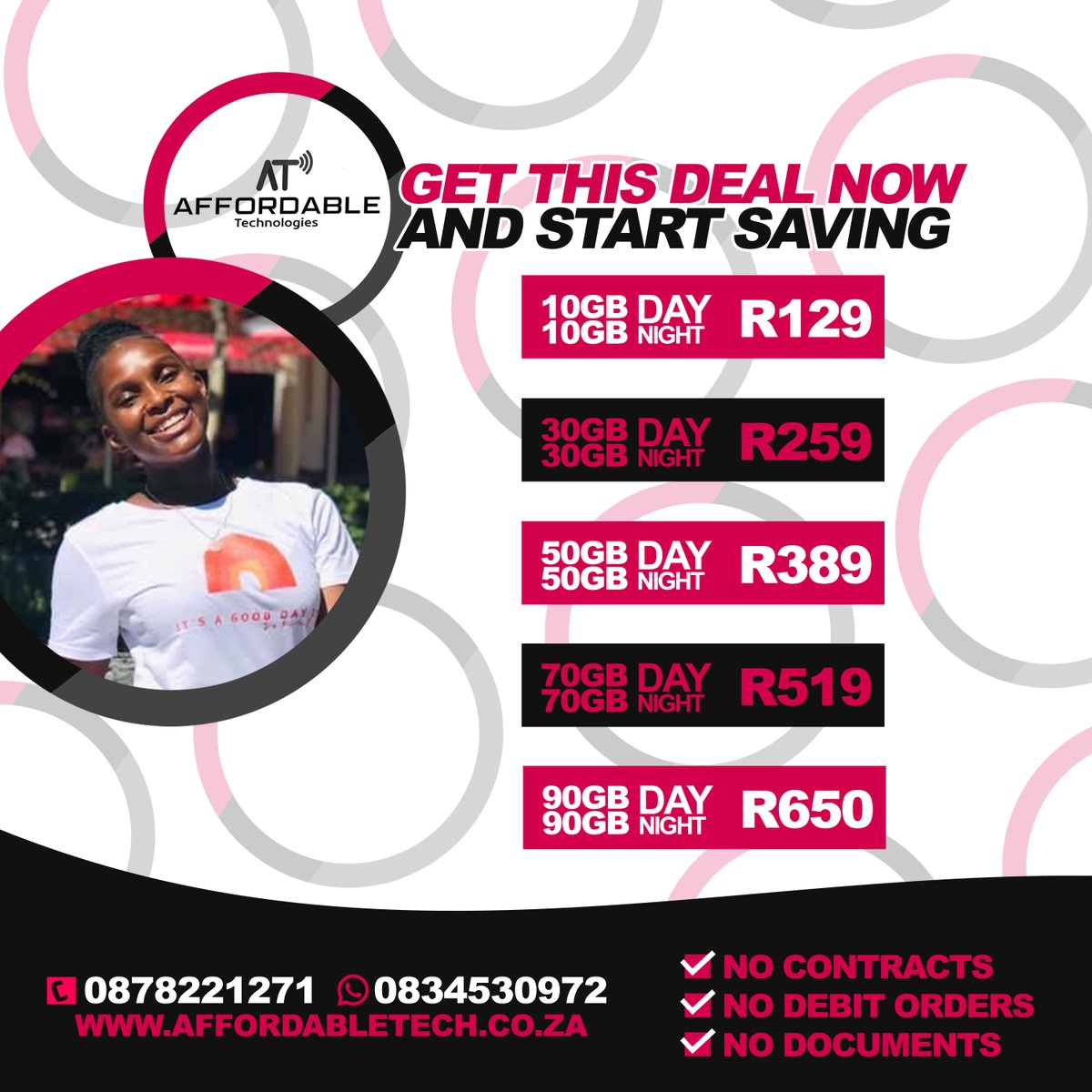 AffordableTech5's tweet photo. Affordable Data Bundles!
Get connected! Start saving.🙂
No contracts!! No Debit Orders!! No Documents Required!!
WhatsApp : 0834530972 Office line : 0878221271
You can also shop online on: https://t.co/Fbb9pfsHuB https://t.co/McAgKaZEBK