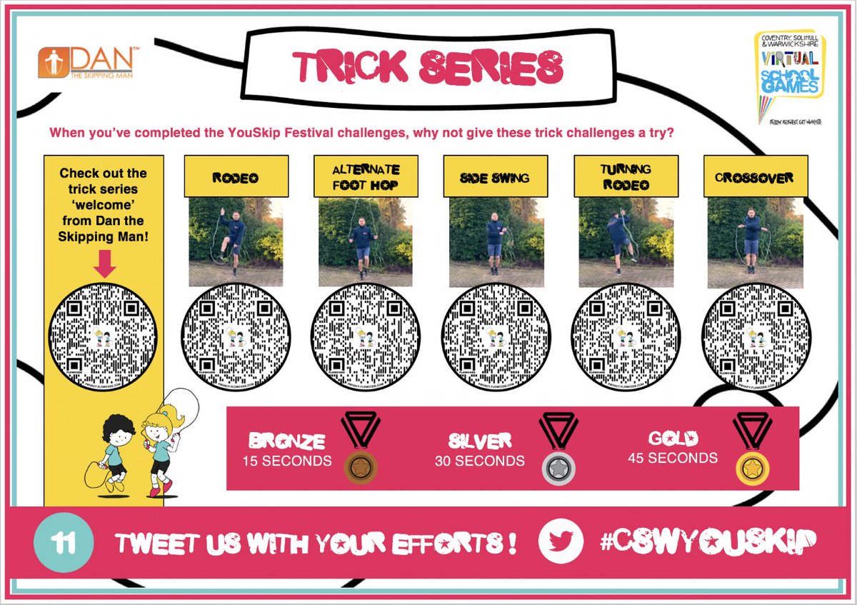 SGOCoventryWest's tweet photo. YouSkip Festival FLASH CHALLENGE 4 #BigSkip 18th June 2pm we want to ๐ as many pupils ๐ง๐ฆ & staff across CSW skipping ๐ซ
Single or Double Bounce, Run, Slalom, Rodeo, Alternate Foot Hop, Side Swing, Turning Rodeo, Cross over YOU DECIDE!
#CSWYouSkip @Dan_DTSM
@ThinkActiveCSW https://t.co/PHBxj8J4QG