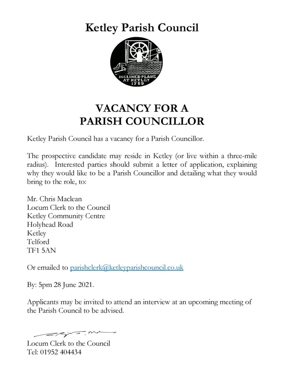 KetleyPc's tweet photo. Vacancy for a Parish Councillor #Ketley #Telford https://t.co/4qMS9XzQ7C