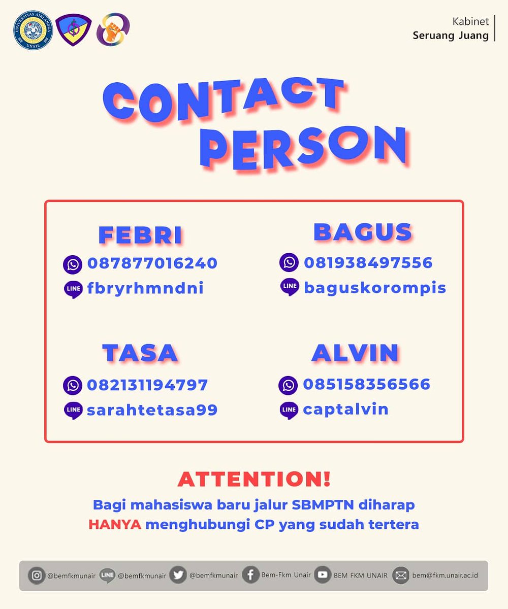 [SELAMAT DATANG KELUARGA BARU FKM UNAIR 2021]

Segenap keluarga besar FKM UNAIR mengucapkan selamat kepada seluruh calon mahasiswa/i baru FKM UNAIR 2021 jalur SBMPTN.

Untuk info lebih lanjut harap hubungi CP yang tertera
----
#SatuRuangSatuJuang
#BEMFKMUNAIR2021